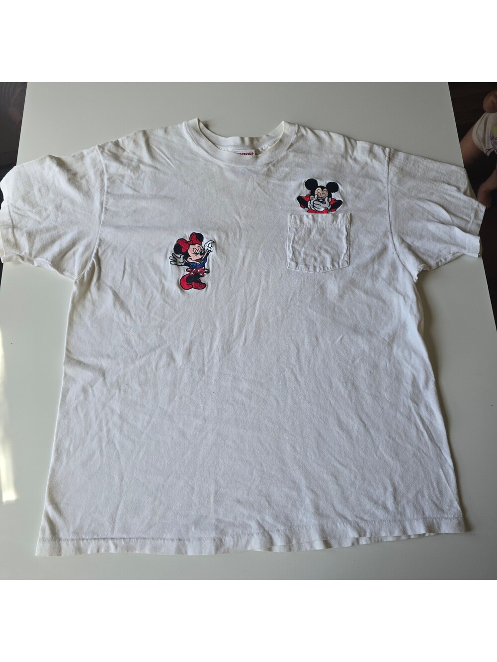 Vintage 90s Disney Mickey & Minnie Mouse Embroidered Pocket T-Shirt OSFA White